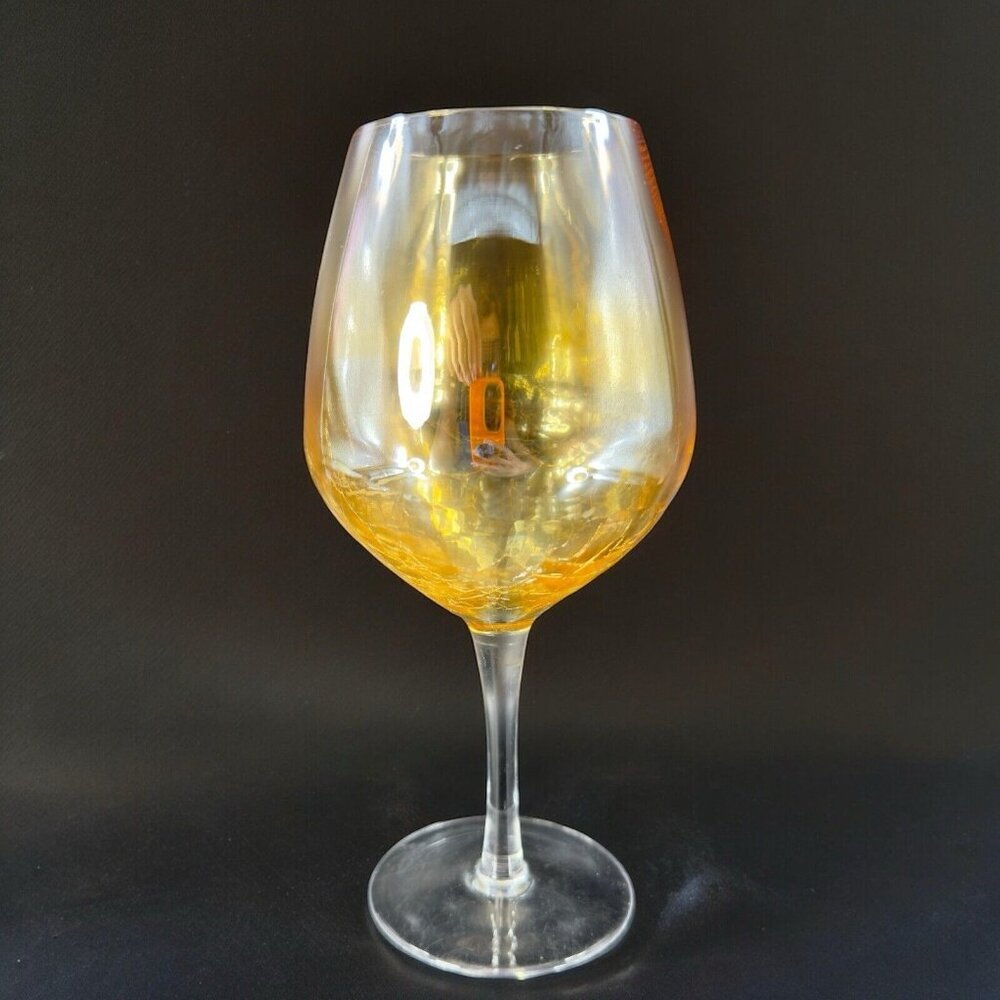 Pier 1 Glass Balloon Goblet Yellow Luster Finish Crackled Glass Top Single 1‎